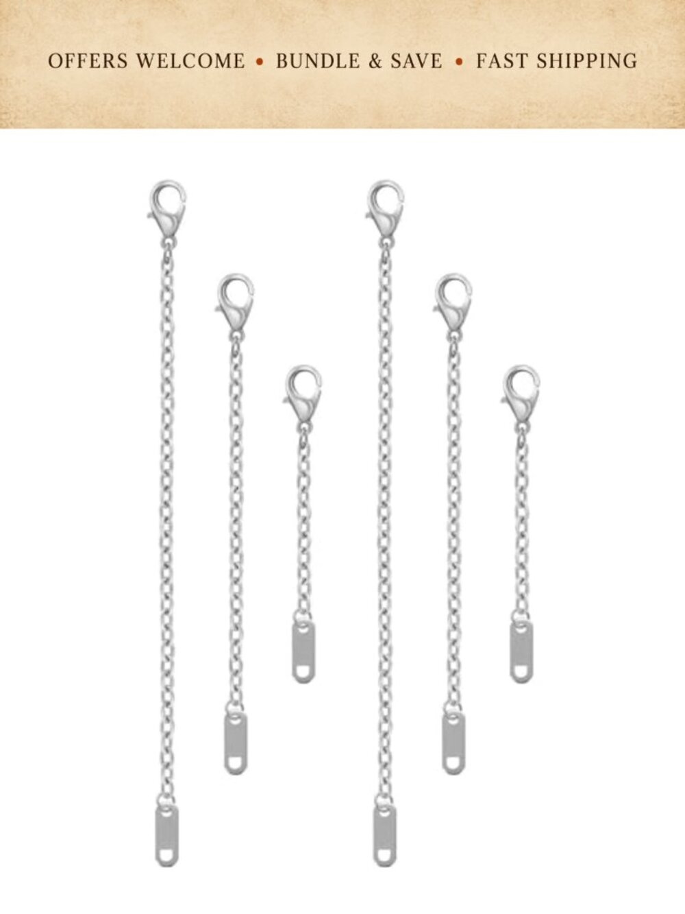 6 Pc Necklace Extender Chain Set 18K Gold Plated Stainless Steel Lobster Clasp